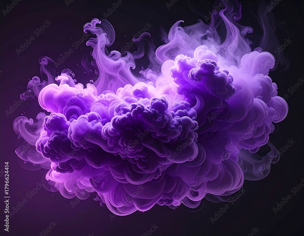 Fototapeta premium A cloud of vibrant, swirling, violet-toned smoke. The ethereal form is illuminated, emanating from a darker background