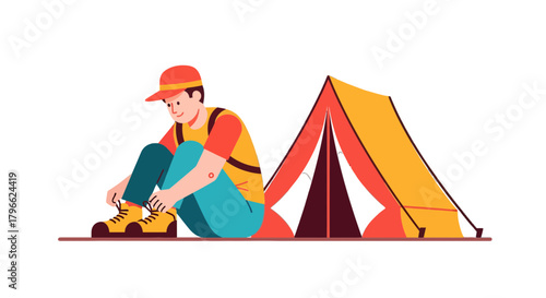 Illustration Of A Camper Preparing For A Outdoor Adventure Near A Small Orange Tent