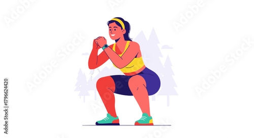 Illustration Of A Woman Doing Squats Exercise In Front Of Simplified Trees On Black Background