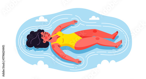 Illustration Of A Woman Relaxing And Floating On The Blue Water With Clouds