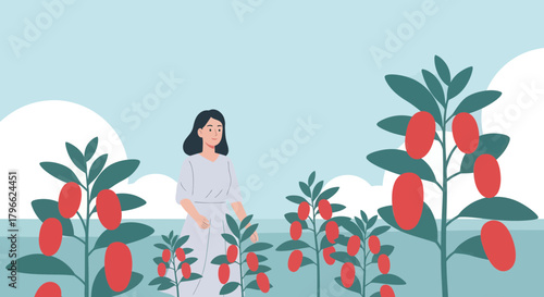 Illustration Of A Woman In A Field of Red Berries Amidst Cloudy Sky Scenery