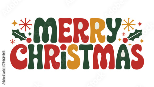 Festive Typography: A vibrant holiday design with Merry Christmas written in a playful, colorful font, complemented by cheerful festive elements, creating a joyful, decorative seasonal display.