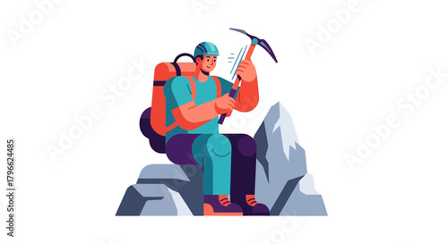 Illustration Of A Climber Resting On Mountain With Ice Axe And Backpack