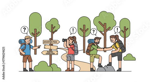 Illustration Of Campers Hiking In Forest, Adventure, Journey, Exploration, and Discovery
