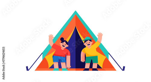 Illustration Of Campers Waving Hands Inside Of A Tent With Bold And Bright Colors