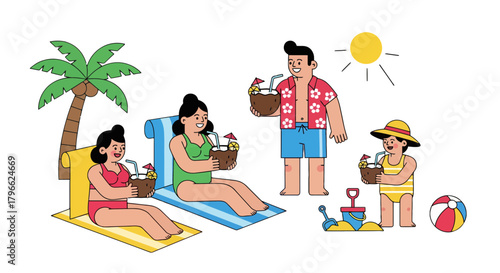 Illustration Of A Family Enjoying Vacation During Summer Days By Beachside