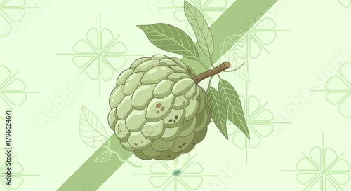 Illustration Of A Custard Apple On A Stem, With Leaves, And A Floral Background