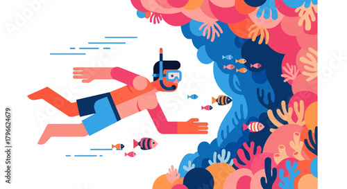 Illustration Of A Diver Exploring A Colorful Coral Reef And Underwater Life