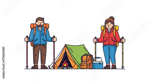 Illustration Of Campers Preparing For Adventure Near Camping Tent Amidst Nature