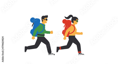 Illustration Of Couple Adventuring On A Journey With Backpacks And Dark Background