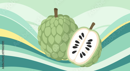 Illustration Of A Freshly Cut Cherimoya Fruit, Green Ripe Fruit on A Wavy Background