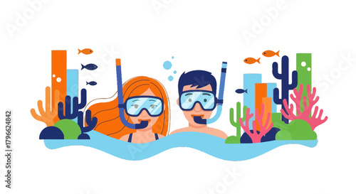 Illustration Of Couple Snorkeling Amongst Coral Reefs And Marine Life's Underwater World