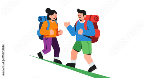Illustration Of Couple Trekking With Backpacks, Hiking Up The Steep Path on Black Background