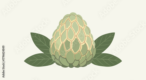 Illustration Of A Fresh, Detailed Custard Apple With Leaf Decorations