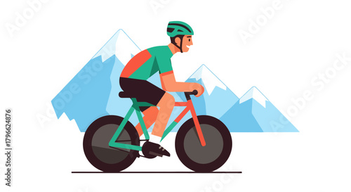 Illustration Of Cyclist Mountain Biking With Snowy Mountains, Adventure And Fun