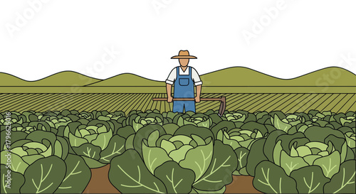 Illustration Of Farmer Standing In Cabbage Field With A Hoe Under A Night Sky