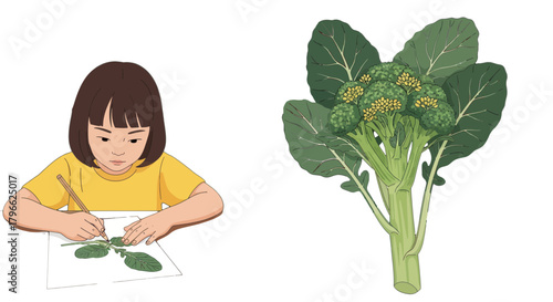 Illustration Of A Girl Drawing Broccoli With A Clean Solid Black Background