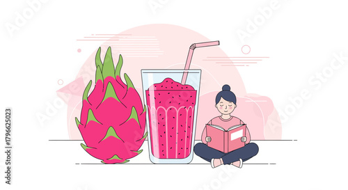 Illustration Of A Girl Reading Near Dragon Fruit And A Glass Of Smoothie