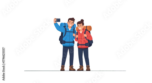 Illustration Of A Happy Couple Taking A Selfie While Hiking Together In The Outdoors