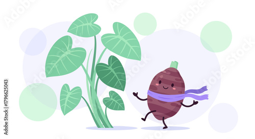 Illustration Of A Happy Taro Character, Plants, And Decorative Bubbles On Black Background