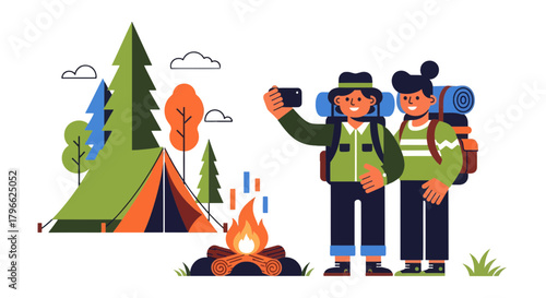 Illustration Of Friends Camping And Enjoying A Trip Together Near The Forest