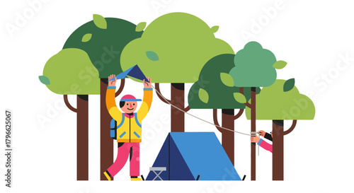 Illustration Of Friends Camping In Woods, Building Tent, Having Fun Outdoors Together