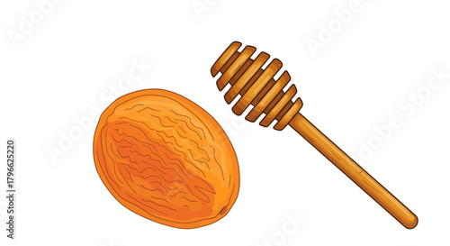 Illustration Of A Honeycomb And A Wooden Honey Dipper On A Black Background