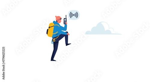Illustration Of A Hiker Seeking Signal in Overcast Conditions For Communication