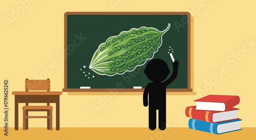 Illustration Of A Kid Drawing Bitter Melon At The Blackboard In The Classroom