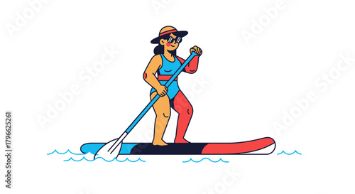 Illustration Of A Lady Paddling on a Stand Up Paddleboard in Summer