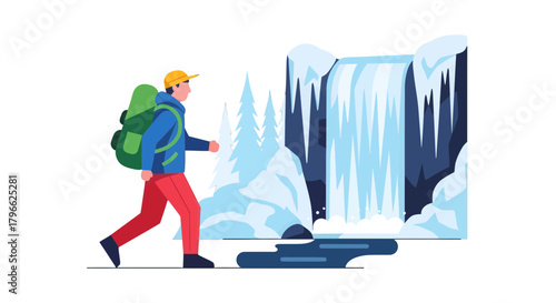 Illustration Of Hiker Exploring Waterfall And Winter Landscape Adventure Outdoors
