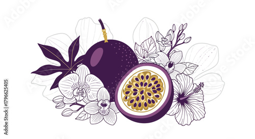 Illustration Of Passion Fruit With Floral Elements Showcasing Exotic Flavors and Botanical Beauty