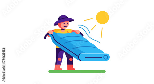 Illustration Of A Man Unrolling A Sleeping Bag Under The Sun At Daytime