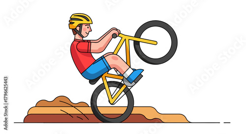 Illustration Of A Mountain Biker Doing A Wheelie On An Off-Road Track