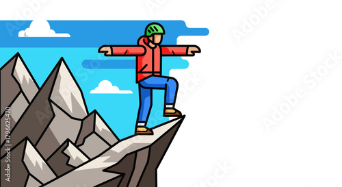 Illustration Of A Mountain Climber Reaching The Summit, Representing Bravery And Courage