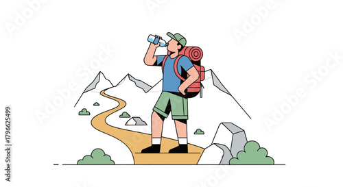 Illustration Of A Mountain Hiker Resting And Drinking Water On A Trekking Path