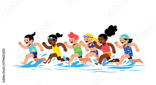 Illustration Of Running Swimmers In Water Against Black Background For Dynamic Appeal
