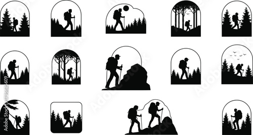 Hiking silhouettes in nature frames, outdoor adventure trekking poses, mountain landscape exploration, wilderness activity, travel lifestyle, scenic journey, flat vector