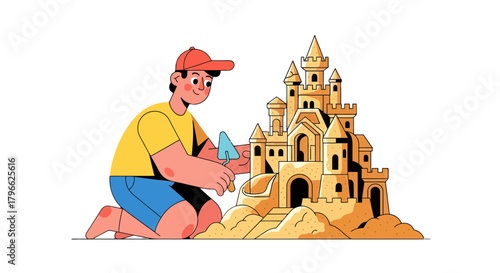 Illustration Of A Person Crafting A Detailed Sandcastle On The Beach