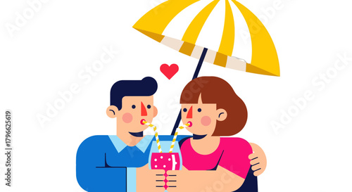 Illustration Of Romantic Couple Drinking Together Under An Umbrella With Love