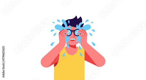 Illustration Of A Person Crying While Wearing Eyeglasses With Water Splashes