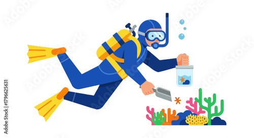 Illustration Of Scuba Diver Researching Sea Life In The Deep Ocean Underwater Scene