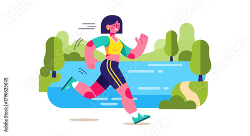 Illustration Of Running Woman Jogging In Recreational Park Near Lake With Minimalist Design