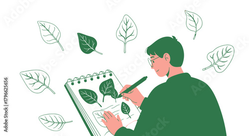 Illustration Of A Person Drawing Leaves In A Notebook On A Black Background