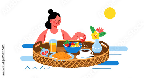 Illustration Of A Person Enjoying Breakfast With Fruit And Coffee On A Tray