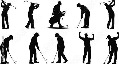 Golfer silhouettes swinging clubs, putting stance, carrying golf bag, sports action illustration, athletic recreation, competitive game design, leisure activity, flat vector