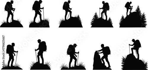 Hiker silhouettes with backpack, trekking poles, mountain climbing, outdoor adventure, exploration journey, hiking nature scene, travel illustration, flat vector
