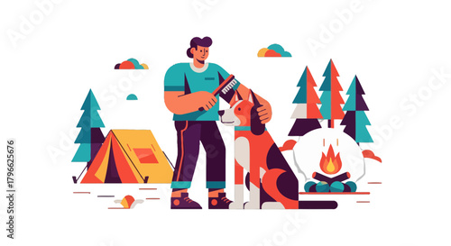 Illustration Of A Person Grooming A Dog At A Campsite Under A Night Sky