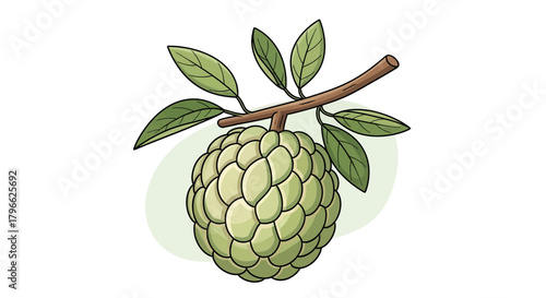 Illustration Of Sugar Apple With Beautiful Leaves Attached To Its Branch, Isolated