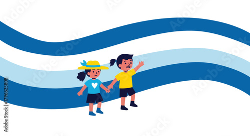 Illustration Of Two Children Walking, Together With A Wavy Blue And White Background
